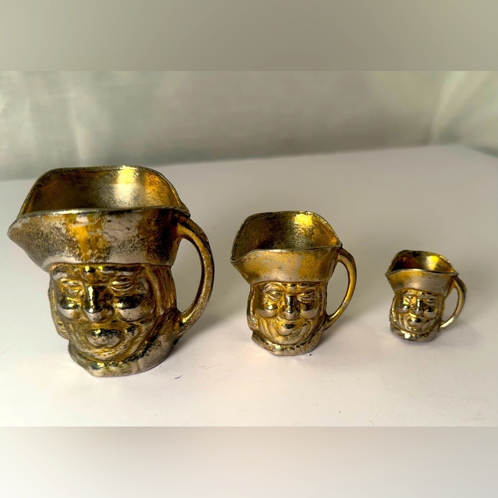 Set of 3 Small Toby Brass Metal Man Face Head Mugs Cups with Hat , Vintage UK